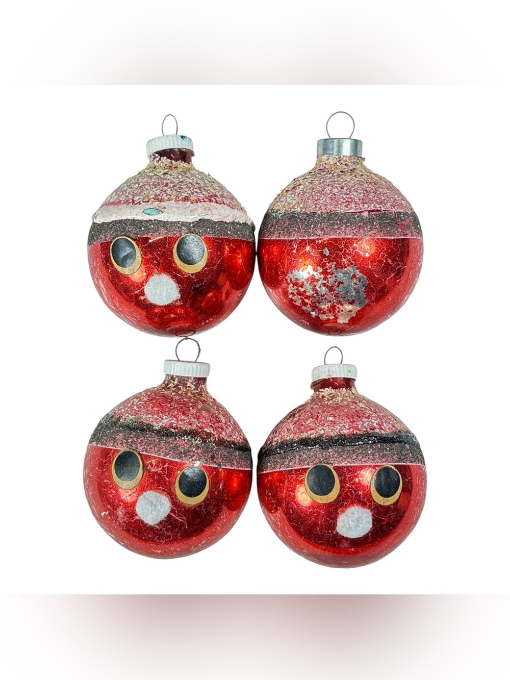 4 Vintage 3" D.G.M. Red Googly Eyed Face Glass Christmas Ornaments West Germany